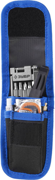 Набор "ЭКСПЕРТ для обслуживания велосипеда: складной мультитул 11-в-1,комплект для ремонта шин,16-в-1,в чехле ЗУБР