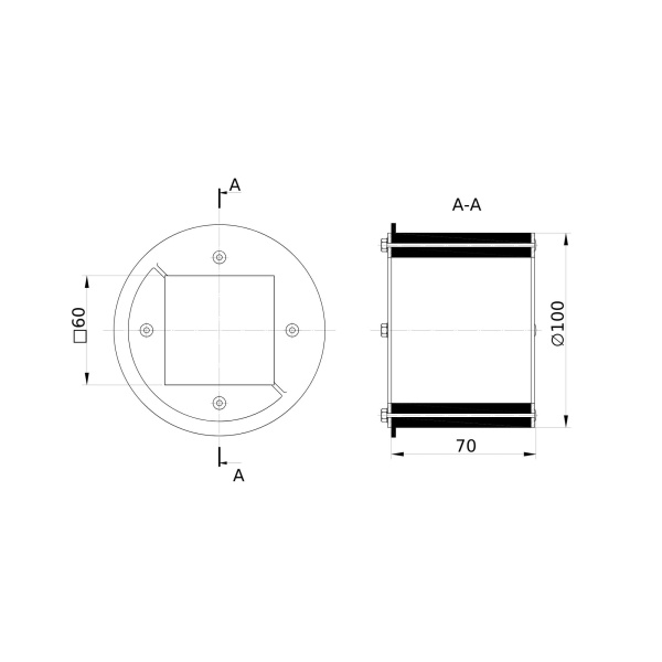Проходка круглая, нержавеющая, D100х70 мм с проёмом 60х60 мм DKC