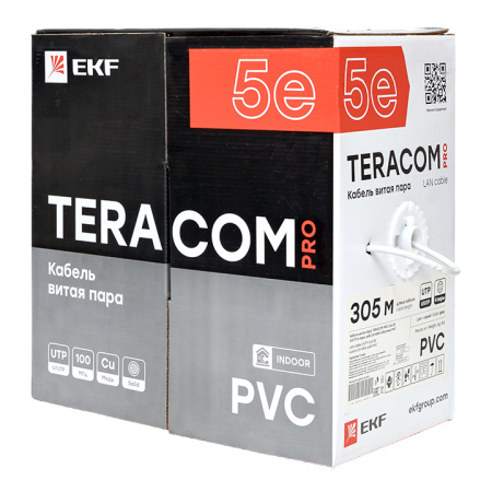 Кабель витая пара TERACOM PRO Cat,5E U/UTP 4 пары solid 24AWG оболочка PVC цвет серый (упак, 305м) EKF