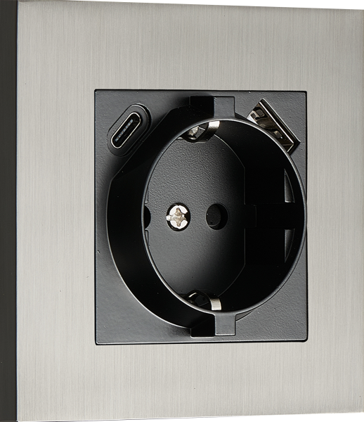 Donel N96 Розетка Schuko с зарядным устройством USB A+C, с защитными шторками, Вороненая сталь, серия DT Donel N96 Розетка Schuko с зарядным устройством USB A+C, с защитными шторками, Вороненая сталь, серия DT