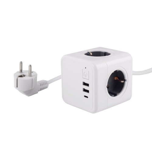 Удлинитель Cube Extended 4 Euro 16А, 3 USB 2A+C с блоком 5В/3.0А, кабель 1,5м RocketSocket, цвет белый-серый