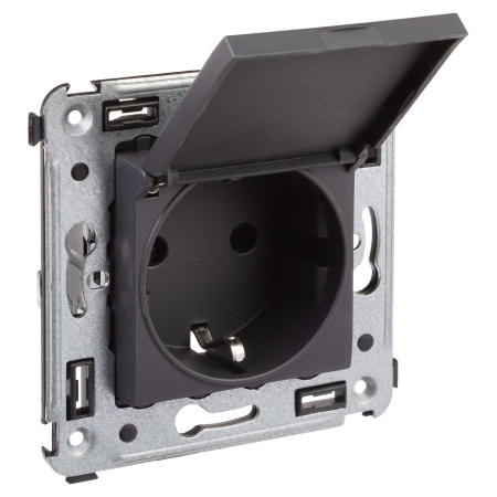 Розетка с крышкой в стену, 2P+E, с з/ш, "Avanti", "Черный матовый" DKC