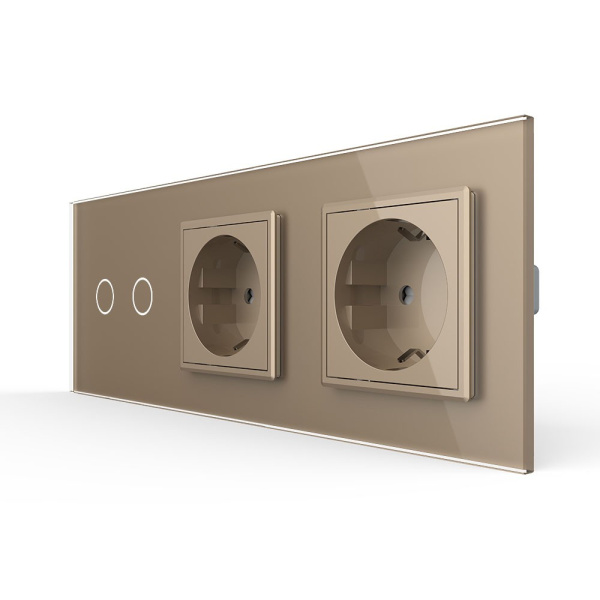 Сенсорный выключатель комбинированный на 2 линии 2 розетки 3 модуля Золотой Livolo