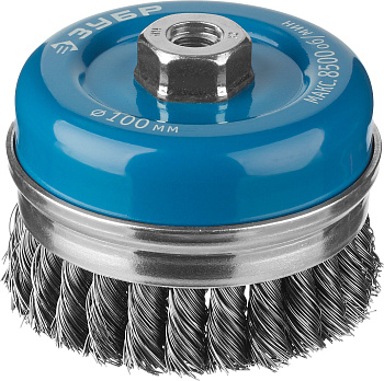 Профессионал. Щетка чашечная усиленная для УШМ, плетеные пучки стальной проволоки 0,5мм, 100ммхМ14 ЗУБР
