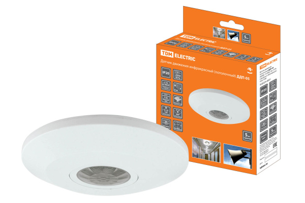 Датчик движения потолочный ДДП-05 2000Вт, 10-900с, 6м , 3+Лк, 120(сбоку)+360(сверху)гр IP20, TDM Датчик движения потолочный ДДП-05 2000Вт, 10-900с, 6м , 3+Лк, 120(сбоку)+360(сверху)гр IP20, TDM