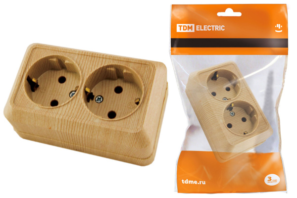 Розетка двойная 2П+3 открытой установки IP20 16А 250В (керамика) сосна "Ладога" TDM Розетка двойная 2П+3 открытой установки IP20 16А 250В (керамика) сосна "Ладога" TDM
