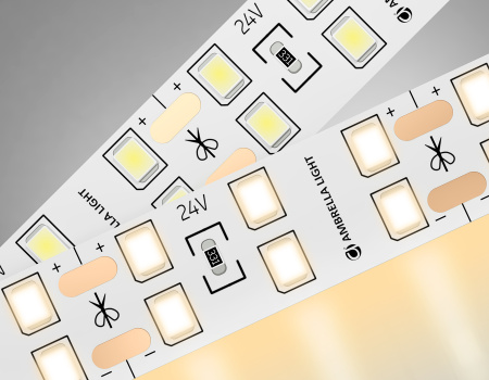 Светодиодная лента двухрядная GS3601 2835 204Led/ 20W m/ 24V IP20 3000K/ 5000*14*1.2mm/ кратность резки 72mm (2 конт.) Ambrella Light
