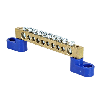 Шина "0" N (8х12мм) 10 отверстий латунь 2 синих угловых изолятора PROxima EKF