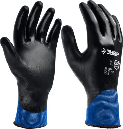 Маслобензостойкие перчатки МЕХАНИК+, тонкое нитриловое покрытие, полный облив ладони, размер L ЗУБР