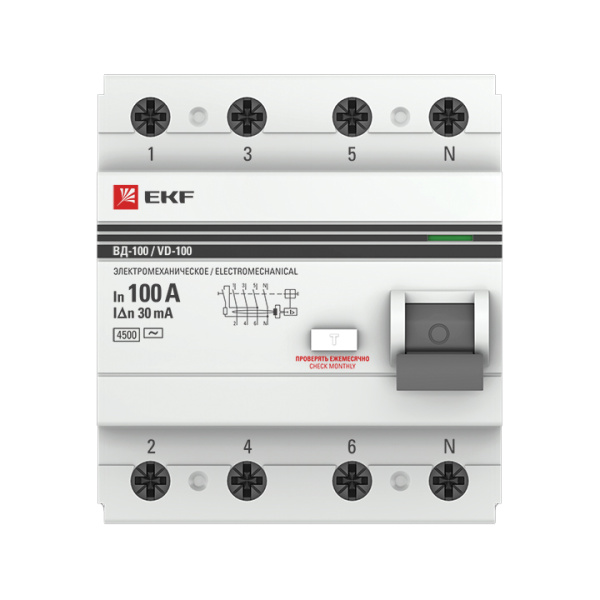 Устройство защитного отключения ВД-100 УЗО 4П 100А (электромеханическое) 4,5кА 30мА PROxima EKF