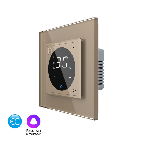 Умный терморегулятор пола EC 16А, сенсорное управление, датчик воздуха, 1 пост, цвет золотой Livolo Умный терморегулятор пола EC 16А, сенсорное управление, датчик воздуха, 1 пост, цвет золотой Livolo