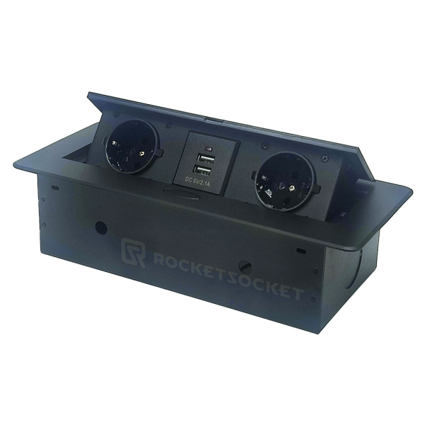 Розетка горизонтальная выдвижная 2EU+2USB Черная OvalC RocketSocket