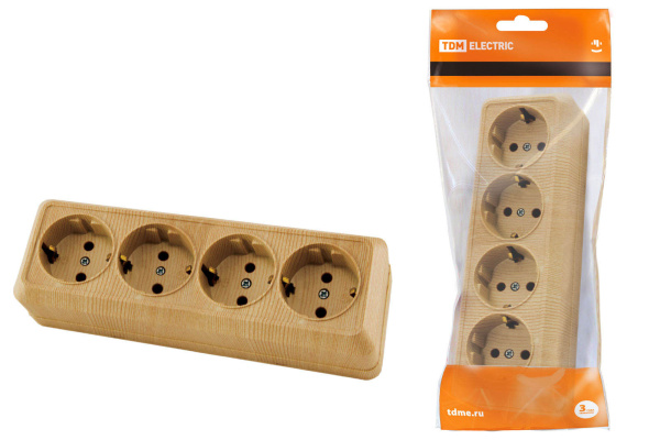 Розетка 4-х местная горизонтальная 2П+3 открытой установки IP20 16A сосна "Ладога" TDM Розетка 4-х местная горизонтальная 2П+3 открытой установки IP20 16A сосна "Ладога" TDM