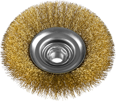 Профессионал. Щетка коническая для УШМ, витая латунированная стальная проволока 0,3мм, 125ммхМ14 ЗУБР