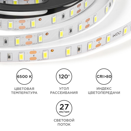 LSE-290 Светодиодная лента 12В, 9,6Вт/м, 1200 лм/м, 6500К, smd5630, 60д/м, IP20, ширина подложки 10мм, 5м, х/б OGM