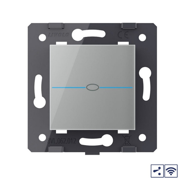 Одноклавишный проходной сенсорный выключатель Quadro с радиоупр., цвет серый (механизм) Livolo