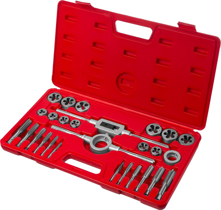 27 предметов, набор метчиков и плашек в пластиковом боксе, сталь 9ХС ЗУБР