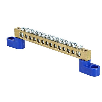 Шина "0" N (6х9мм) 14 отверстий латунь 2 синих угловых изолятора PROxima EKF