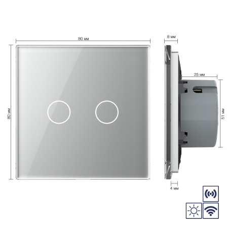 Сенсорный импульсный радиоуправляемый выключатель сухой контакт 2 клавиши 1 модуль Серый Livolo