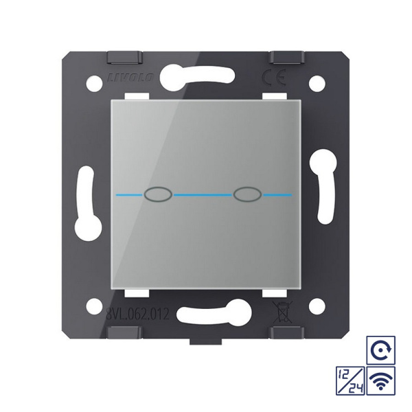 Двухклавишная сенсорная кнопка Quadro 12/24В с радиоупр., цвет серый (механизм) Livolo