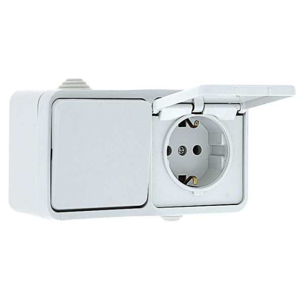 Прага Блок розетка-выключатель 1-кл, 16А с/з с крышкой IP44 белая EKF