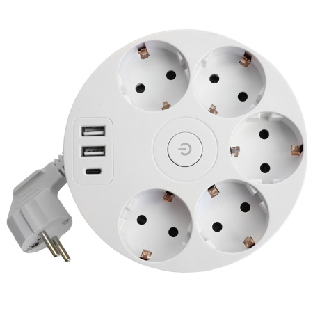 HM10-51-01 Удлинитель 5-местный с/з, 3x1мм², 2.5м, 250В, 16А, 2USB+С 5V 3,1А, серия Comfort, белый STEKKER