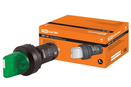 Переключатель на 3 положения с фиксацией SB7-CK3365-220V короткая ручка(LED) d22мм 1з+1р зеленый TDM