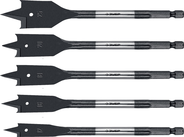 5 шт, 12-16-18-20-25мм, набор сверл перовых по дереву, хвостовик HEX 1/4" ЗУБР