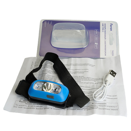 Фонарь налобный светодиодный аккумуляторный 5W, USB IP44, пластик, TH2312 Feron