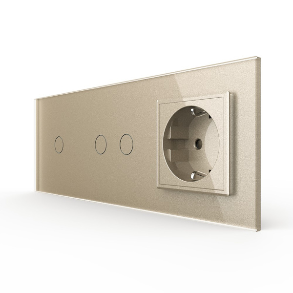 Сенсорный выключатель 3 клавиши (1-2) с розеткой 3 поста, цвет шампань Livolo