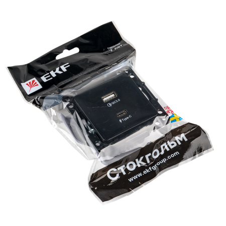 Стокгольм Механизм Розетки с 2USB type-A + type-C черный EKF