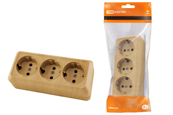 Розетка 3-х местная горизонтальная 2П+3 открытой установки IP20 16A сосна "Ладога" TDM Розетка 3-х местная горизонтальная 2П+3 открытой установки IP20 16A сосна "Ладога" TDM