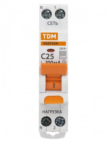 Дифференциальный автоматический выключатель АВДТ 63М 2П (1П+N) 25А С 100мА 4,5кА тип АС TDM фото 3
