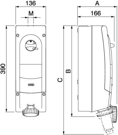 Розетка с механической блокировкой и предустановленным модульным оборудованием. 3P+E, 16А (УЗО 25А, 30 мА), IP67 DKC