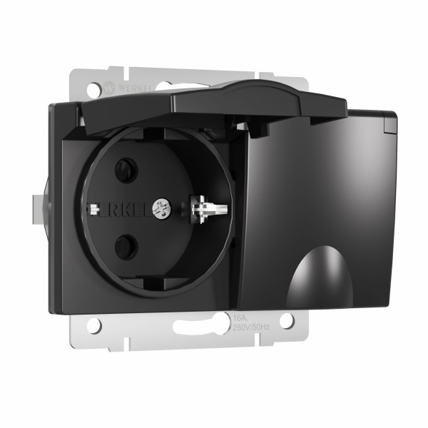 Розетка двойная влагозащ. с зазем. с защит. крышками и шторками (черный матовый) СУ IP44 Werkel