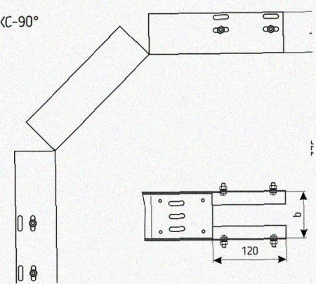 Лоток перфорированный КС 250х100-90 УХЛ1 для поворота трассы вниз на 90, оцинкованный лист S1,5