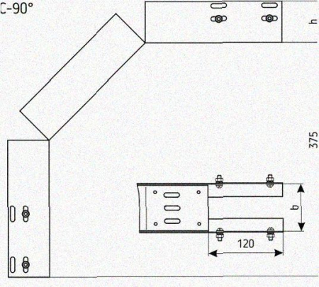 Лоток перфорированный КС 150х80-90 УХЛ1 для поворота трассы вниз на 90, оцинкованный лист S1,5