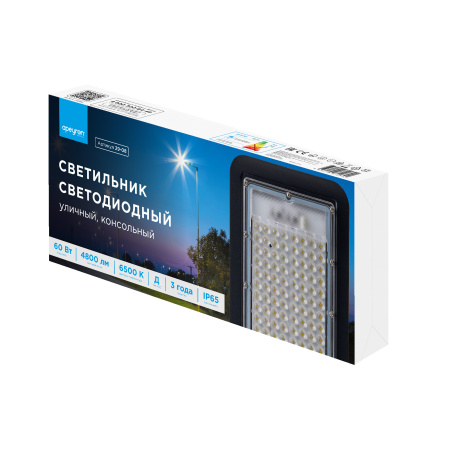 29-08 Светильник светодиодный, уличный, консольный 60Вт, 230В/50Гц, 4800лм, 6500К, IP65, КСС "Д", 400х170х45мм, Ф40мм, чёрный, алюминий APEYRON