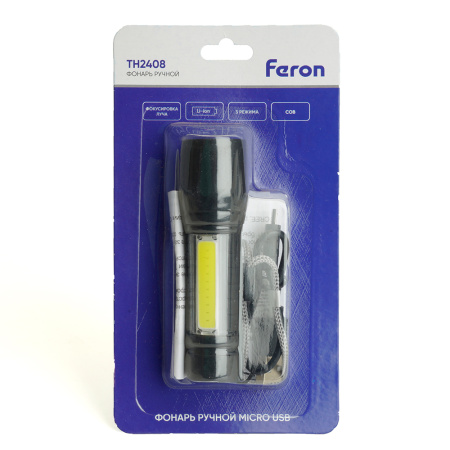 Фонарь светодиодный ручной аккумуляторный USB ZOOM, TH2408 Feron