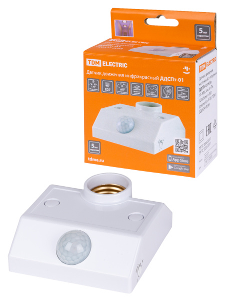 Датчик движения настенный с патроном ДДСПт-01 60Вт, 10-300с, 6м, 3+Лк, 120(сбоку)+360(сверху)гр, IP2 Датчик движения настенный с патроном ДДСПт-01 60Вт, 10-300с, 6м, 3+Лк, 120(сбоку)+360(сверху)гр, IP2
