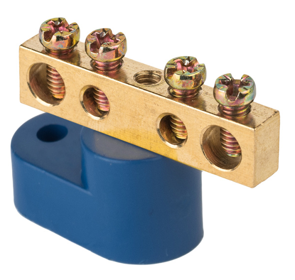 Шина "0" N (6х9мм) 4 отверстия латунь синий угловой изолятор PROxima EKF