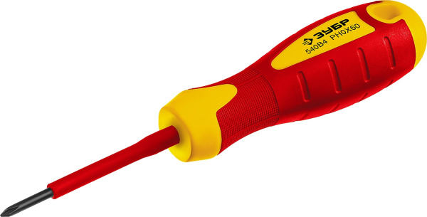 Отвертка диэлектрическая до 1000В, "Профессионал" "ПРОФИ ЭЛЕКТРИК" 25262-0-060, Cr-V, трехкомпонент рукоятка, PH 0 x 60 мм ЗУБР