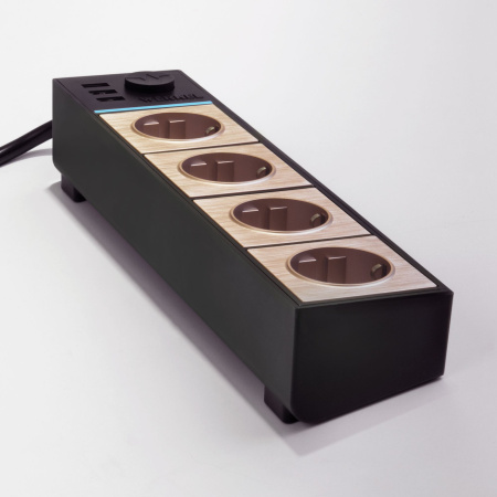 Розеточный блок 4-х местный + 3 USB черный/шампань рифленый Werkel