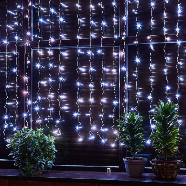 Гирлянда-занавес св/д, 3х2м. 160 светодиодов, белый свет, провод прозрачный IP20 Uniel