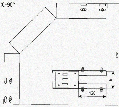 Лоток перфорированный КС 300х65-90 УТ1,5 для поворота трассы вниз на 90, оцинкованный лист S1,0