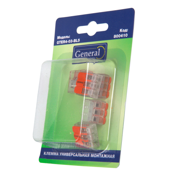 GTER4-03-BL5 Клемма универсальная монтажная 3-проводная, прозрачная компактная, блистер 5шт General
