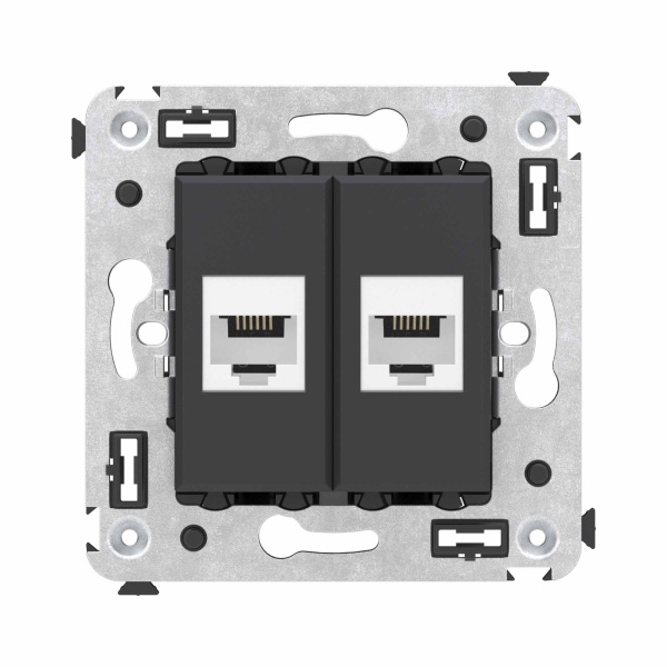 Телефонная розетка RJ-12 без шторки в стену двойная, "Avanti", "Черный матовый" DKC