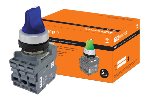 Переключатель на 3 положения с фиксацией M3SS1-21L короткая ручка(LED) d22мм/220B 1з+1р синий TDM Переключатель на 3 положения с фиксацией M3SS1-21L короткая ручка(LED) d22мм/220B 1з+1р синий TDM