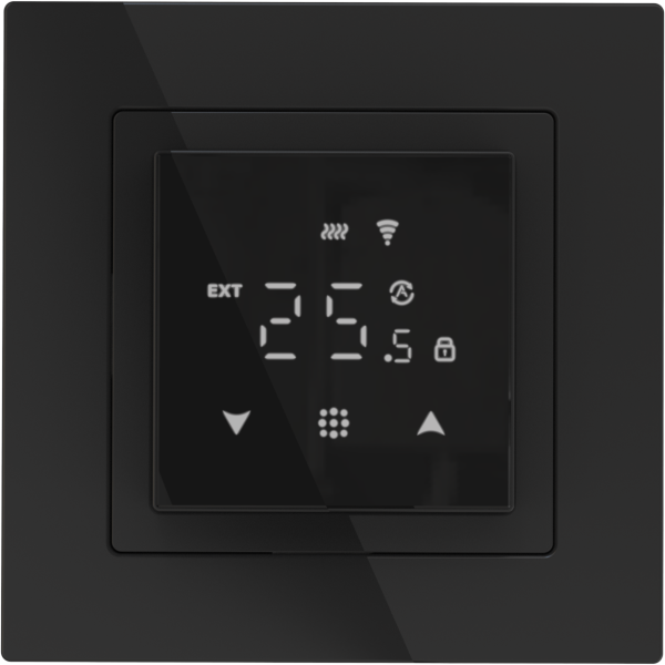Donel Термостат с датчиком пола, программируемый с Wi-Fi, 16 A, 45*45 мм. черное стекло, серия DTEF Donel Термостат с датчиком пола, программируемый с Wi-Fi, 16 A, 45*45 мм. черное стекло, серия DTEF