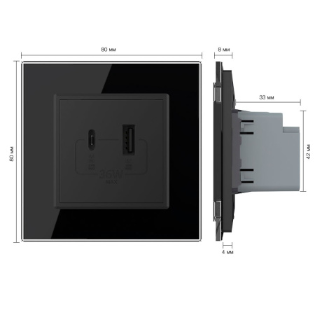 Розетка USB type C+A с блоком питания 36W Livolo 1 пост Черная VL-C7VUA18W.UC18W-2BP
